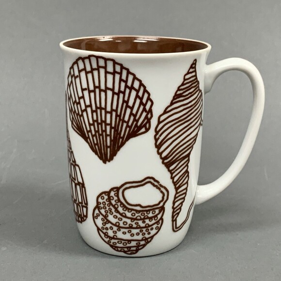Fitz and Floyd FF Monotone Coffee Cup Mug Sea Shells White Brown - Picture 1 of 6